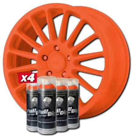 AutoFullCar - Pack Llantas Vinilo Líquido FULL DIP - 4 Sprays - 400 ml. Unidad - Acabado Mate - Válido Para Llantas De 15 a 18 Pulgadas (NARANJA)