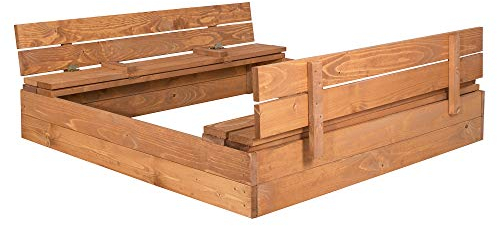 SPRINGOS Kindersandkasten mit Sitzbänken Holzsandkasten 120 x 120 cm inkl. Bodenvlies Holz Imprägniert