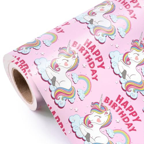 WRAPAHOLIC Rosa Einhorn Geburtstag Geschenkpapier Rolle - Mini Rolle - 43 cm x 100 cm - Happy Birthday Einhorn Design, perfekt für Mädchen Geburtstag, Party, Urlaub