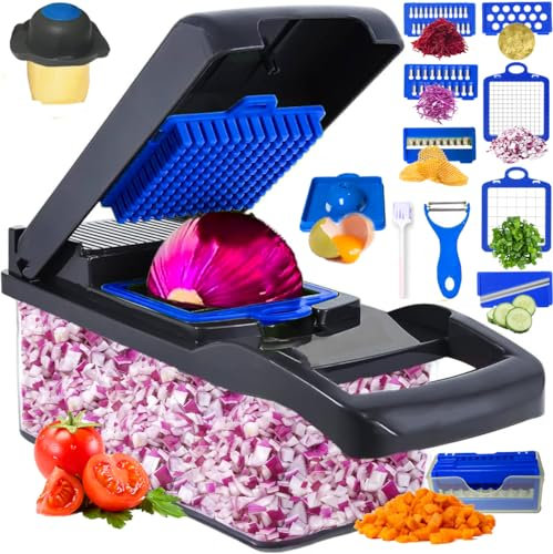 YOFEY1 16 in 1 Profi Gemüseschneider, Multifunktionaler Lebensmittelzerkleinerer Schneider für Zwiebeln, Kartoffeln, Tomaten, Gemüse mit 8 Klingen und Behälter aus Edelstahl, Blau