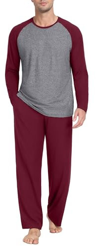 PrinStory Mens Pyjamas Set Long Sleeve T Shirt And Longue Pants With Pockets Soft Men's Nightwear Crew Neck Sleepwear Pjs Sets (Wine Red, XL)