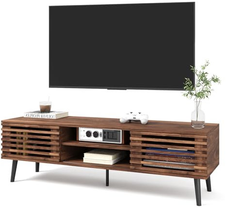 HAIOOU Mid Century Modern TV Stand, 52 Wooden TV Console with Slatted Sliding Doors and Storage for 50/55/60 Inch TV, Small Entertainment Center Media Console Cabinet for Living Room - Walnut Brown