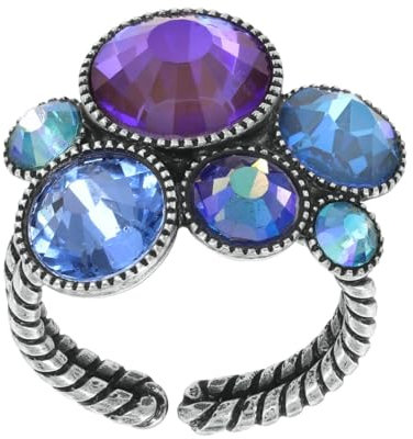 Konplott: Ring Water Cascade Glam blue/lila, moderner zweireihiger Kristallring mit runden Steinen in blau-lila, für Damen/Frauen