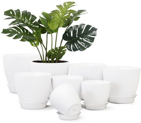 JOJOSEE 8 Pack Plant Pots Indoor, Flower Pot with Drainage Holes and Tray, Plastic Planter for House (White, 8 Pack)