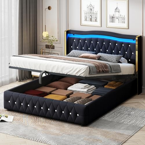 Dolamaní Bett 160 x 200 cm Polsterbett Samtstoff, Mit Container Stauraum, Lattenrost Aus Holz Ohne Matratze, Breite Beine mit Hellen Streifen, Rautenakzenten, Doppelbett, Schwarz