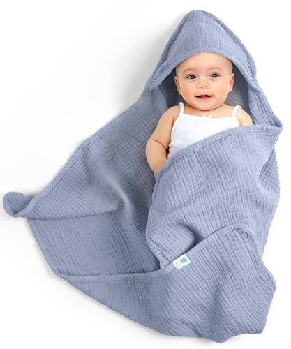 lulumoon Baby Handtuch Kapuze für Badezimmer: Kapuzenhandtuch aus Musselin Baumwolle 75x76cm - Oeko-Tex, extra weich saugfähig für Wärme nach Baden Eincremen - für Babys 0-18 Monate (Blau)