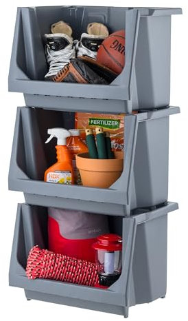 IRIS USA Stackable Storage Bins Open Front, Medium - 3 Pack, Heavy Duty Garage Organization, Husky Storage Bin, Tools Garden Hose Household Product, Wide Open Front, Interlocked Secure Stacking, Gray