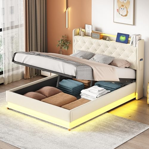 LED-Polsterbett 140X200 cm, Bett mit Großer Stauraum & Lattenrost, Bettgestell Metall Boxspringbett, Polster Kopfteil mit Regal und USB-Ladeanschluss, Hautfreundlicher Leinenstoff (Beige, 140×200cm)