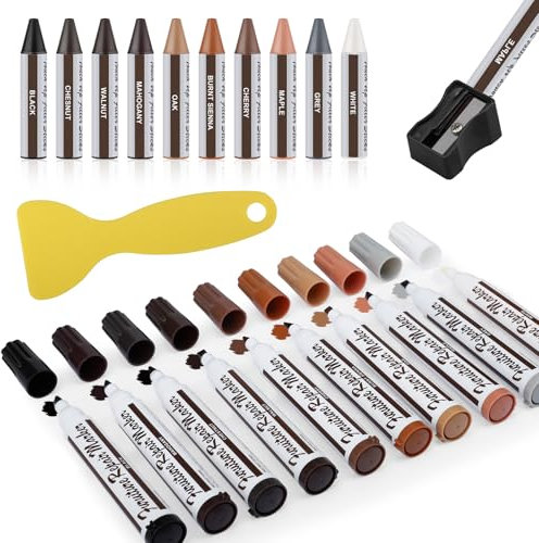 Furniture Repair Wood Repair Markers Touch Up Repair Pen, 22 Pcs Wood Filler Laminate Floor Repair Kit, Repair Markers and Wax Sticks for Stains, Scratches, Wood Floors, Tables, Desks, Carpenters