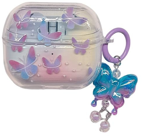 PIQIUZC Earphones Case for Samsung Galaxy Buds 3/Buds 3 Pro,Cute Pattern Design Clear TPU Protective Earbuds Cover with Pendant (Butterfly)