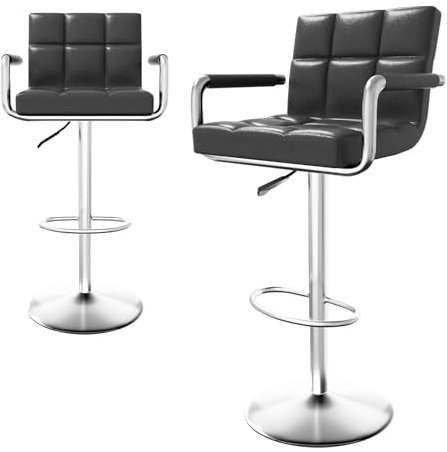 Fruyyzl Taburetes Altos de Cocina Juego de 2, Taburete Bar Giratorio Ajustable de Cuero PU Moderno, Apoyabrazos Cojín Asiento Engrosado Taburete Alto (Gris, Patas Plateadas)