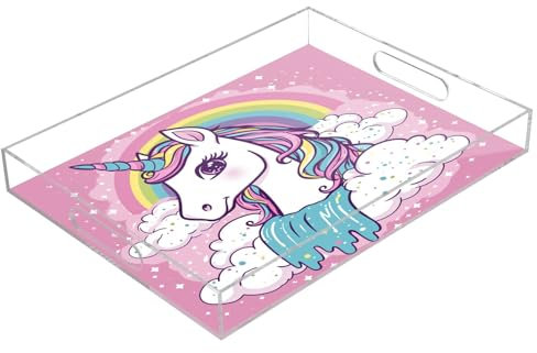 Pink Unicorn Acrylic Serving Trays, Clear Rectangular Tray with Handles Serving Platter for Coffee Table Kitchen Bathroom