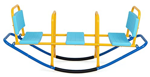 GLACER Teeter Totter Seesaw for Kids, 3-Person Metal Rocking Seesaw for Boys Girls Ages 3-8, 2 in 1 Indoor Outdoor Rocker Toy with Easy-Grip Handles, Playground Equipment for Backyard (Blue)