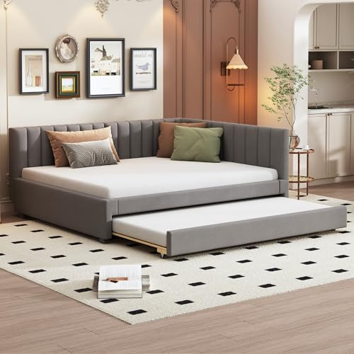 A ALFRESCOOL Polsterbett 140 * 200, Ausziehbares Schlafsofa, Multifunktionsbett mit Lattenrost, Jugendbetten Kinderbetten Gästebetten, Samtstoff Grau