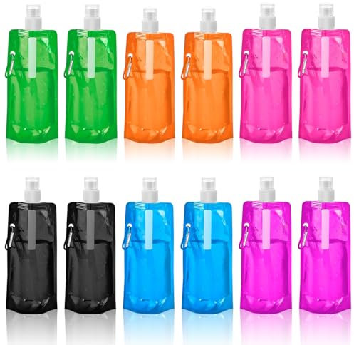 Jiahuade Faltbare Trinkflasche,12 Stück Faltbare Wasserflaschen,500ML Trinkflasche Faltbar,Tragbarer Zusammenklappbare Wassersack,Faltbare Flexible Wasserflasche für Unisex Adult