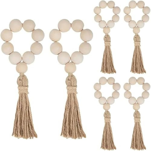 Serviettenringe Set von 6, Boho -Serviettenringe mit Holzperlen und Quastenseil für Boho -Tischdekor, Frühlingsbankett, Hochzeit, Weihnachtsfeier