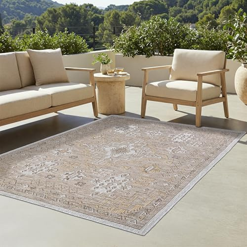TAPISO Yucana Teppich Outdoor Flachgewebe Robust UV-beständig Wetterfest In-& Outdoor Teppich Balkon Terrasse Garten Küchen Grau Braun Beige Rahmen Ornament Traditionell Modern 140 x 200 cm