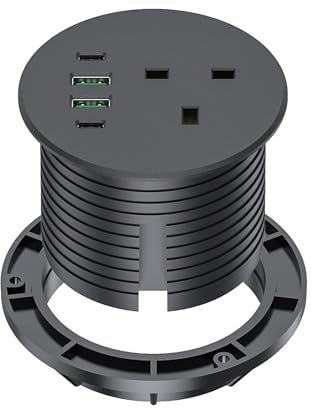Recessed Power Socket with 65W USB C, Haiaoyyds Desk Socket Grommet with 1 UK Plug, 4 USB Ports, 2M Cable, Worktop Socket 76mm Hole for Home Office, Black