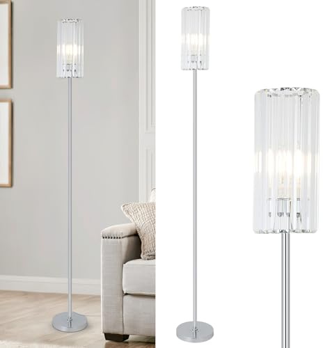 Rayofly Modern Floor Lamps for Living Room, Crystal Standing Lamp with Glass Lampshade, Chrome Tall Lamps for Living Room, Corner Floor Lamp for Bedroom, Office, Hallway, Silver Glass Standard Lamp