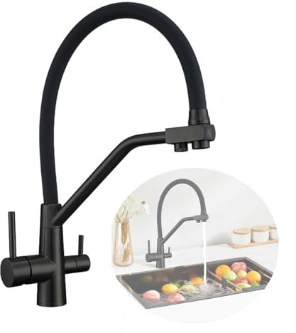 Kitchen Tap, 3 Way Kitchen Tap with Pull Out Stream Pull Down Faucet 360° Swivel Cold and Hot Mixer with Drinking Filtered Water Outlet, Black