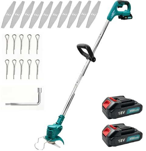Akku-Rasentrimmer 400W, Ersatz für Makita 18V DUR181Z, kompatibel mit Makita BL1830B Akku, mit 2x3000mAh Akkus,Verstellbarer Teleskop-Führungsholm, zum Gärten, Wiesen Trimmen und Gutshaus