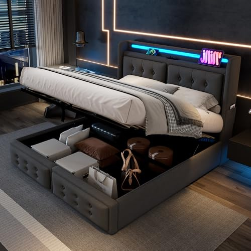 LAKFEW Doppelbett Polsterbett 160x200 cm mit LED-Kopfteil und USB-Typ-C, Hydraulisch Bett mit Stauraum, Bettgestell mit Lattenrost aus Holz, Schlafzimmer Möbel, Ohne Matratze, Leinen, Grau