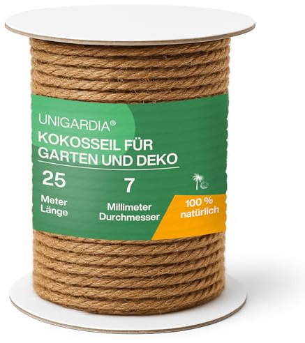 UNIGARDIA Kokosseil für Pflanzen, Kokosstrick für Bäume, Dicke 7 mm, 25 m | 100 % Naturband für Dekoration & Kokosfaser für Kratzbäume, Kokosschnur als Baumbinder, Rankhilfe, Gartenschnur