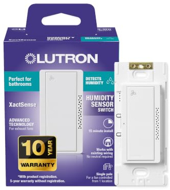 Lutron Humidity Sensor Switch, 3 Amp Single Pole, for Exhaust Fans | Auto On/Auto Off sensor for bathroom or basement fans, automatic moisture control, delay off timer, MS-HS3G-WH, White