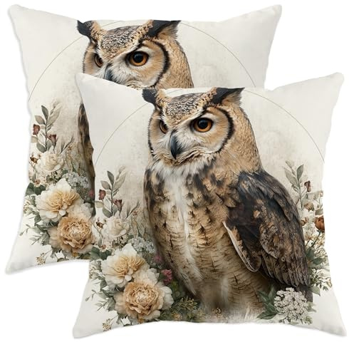 Kissenbezüge mit Eulen-Motiv, rustikale Blumen, Blätter, Herbstbraun, weicher Samt, waschbar, dekorative Kissenbezüge für Wohnzimmer, Wohnung, Bett, Sofa, Dekoration, 45,7 x 45,7 cm, 2 Stück