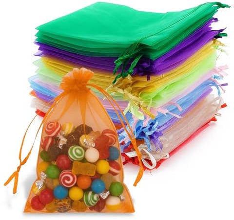TIESOME 100 Stück 15x10 cm Organzasäckchen aus Organza für Schmuck, Bunt | aus Organza, leichtem Nylon mit Satinband für Schmuck, Pralinen, Kosmetikproben, Bastelutensilien, Wiederverwendbar