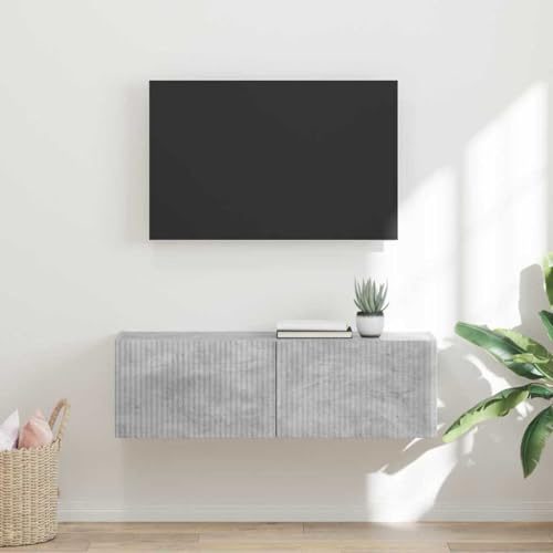 WRJENFSC Moderner TV-Lowboard 98 x 31 x 29,5 cm Holzwerkstoff Betonoptik Wandmontage mit 90°-Pendeltür und 2 Regalen, Minimalistisches Design Robust und Langlebig für Wohnzimmer Büro Flur