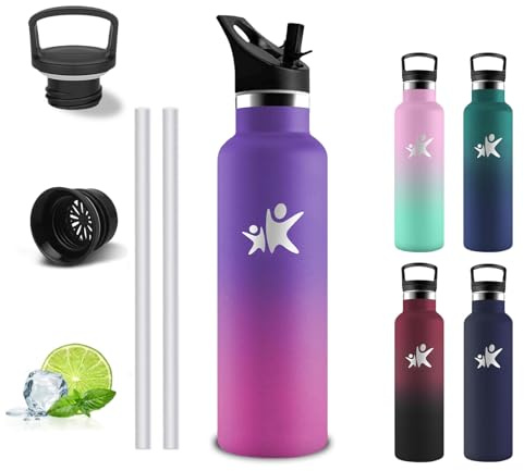 Trinkflasche 500 ml Edelstahl - Auslaufsichere Isolierflasche - Wasserflasche mit Strohhalm- Trinkflasche Auslaufsicher- 24h Kalt & 12h Warm, Wasserflasche Doppelwandig für Schule, Büro, Reisen