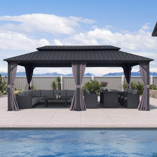 PURPLE LEAF Alu Pavillon 3 x 6 m Festem Dach, Basisch Gartenpavillon Wasserdicht Stabil Winterfest Hardtop Pavillon mit Moskitonetz und Vorhänge für Partyzelt, Grau