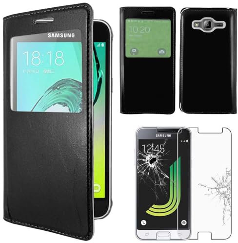 ebestStar - kompatibel mit Samsung Galaxy J3 2016 Hülle SM-J320F Etui mit Sichtfenster Handyhülle, Kunstleder Wallet Case, Schwarz + Panzer Schutz Glas