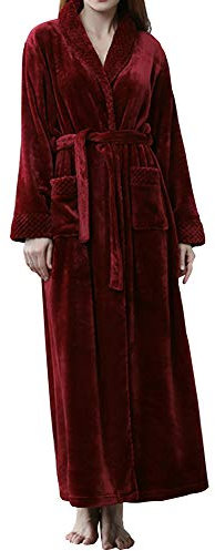 GODGETS Accappatoio Coppia Coperta Morbida Flanella Vestaglia Adulto Caldo Pigiama Uomo Donna Kimono da Notte Vestaglie Lunghe Invernale in Pile Poncho Bathrobe Nightgown Sleepsuit Vino Rosso L