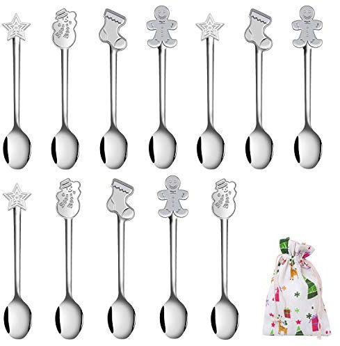 Aneco 12 Stück Weihnachten Kaffeelöffel Edelstahl Mini Löffel für Kaffee Tee Suppe Zucker Dessert Würze Eis