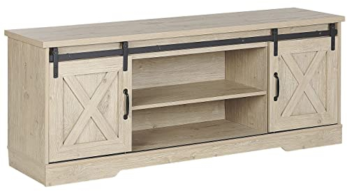 Meuble TV Effet Bois Clair avec 2 Compartiments à Portes Coulissantes et Étagères Meuble de Rangement Élégant pour Intérieur Rustique Beliani