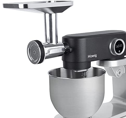 H.Koenig KM120 KM5 para Robot amasador Profesional multifunción KM120/KM124/KM126/KM128, picadora de Carne Acero Inoxidable, Tubo de Relleno de Salchichas, Kit de Galletas, 8 Accesorios, Plata