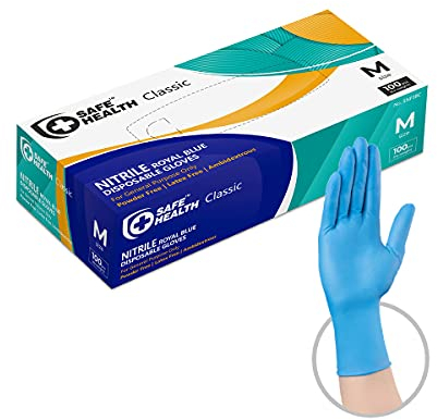 Safe Health Nitrile Disposable Gloves Medium Latex Free, Powder Free, Textured, 3.5 mil, Industrial, Food Safe, Janitorial, Tattoo, Law Enforcement, Pet Care, Service, Cleaning, M Blue (Box of 100)