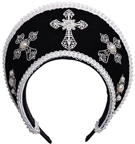 Women Cross Tudor Renaissance Headdress Royal French Hood Coronet Headdress (Black)