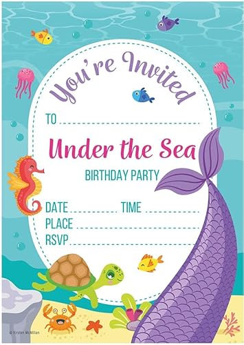 Kirsten McMillan 32 Mermaid Birthday Party Invitations for Kids with Envelopes - Pack of 32 Mermaid Party Invites for Girls & Boys - Designed and Printed in the UK