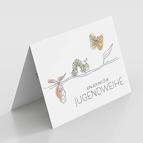5 Karten zur Jugendweihe mit Umschlägen, Motiv Papillon, Einladungskarten zur Jugendweihe, Klappkarten im Set zu 5 Stk.