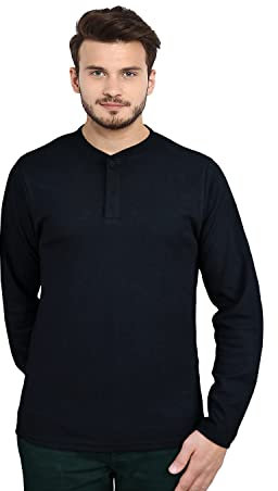 Sleepdown Mens V Neck Henley T-Shirt 100% Cotton Long Sleeve Button Placket Top Tee Shirt - Black - S, 5056557517220