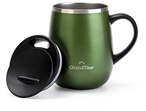 GRANDTIES Isolierter Kaffeebecher mit Griff – Schiebedeckel für spritzwassergeschützte 473 ml -Form Thermosbecher mit doppelwandigem Vakuum-Edelstahl, hält Getränke heiß & kalt – grün metallic