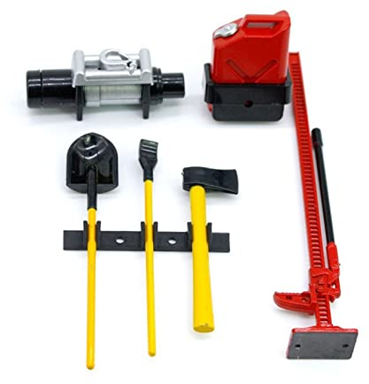 WANGCL 6PCS RC Crawler Accessory RC Car Decorative Tool Sets Winch + Jack + Sand Shovel + Axe + Oil Can + Wooden Sled Compatible with 1/10 RC Car D90 D110 SCX10