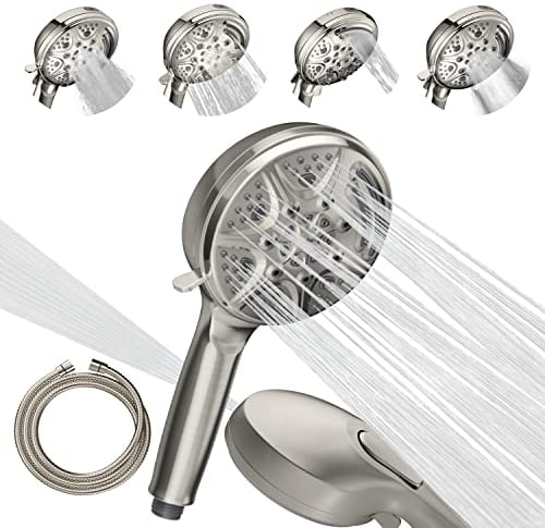 SparkPod 5 Inch 9 Spray Setting Shower Head - Handheld High Pressure Jet with On/Off Switch, Pause & Waterfall Setting- Premium ABS Removable Handheld Shower Head with Hose (6ft) (Brushed Nickel)