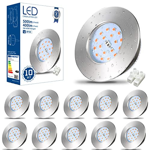 HiBay LED Spot 5W LED Einbaustrahler Flach IP44 Badezimmer Deckenspots Rund Matt Nickel Einbauleuchten 3000K Warmweiß 500lm 10er Set