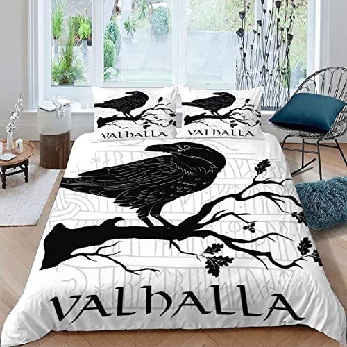 AOLIGL Bettwäsche Set 135x200 cm Wikinger Krähe Bettwäsche Kinder Mädchen Teens Hypoallergen 3 Stück Bettwäsche Skandinavische Runen Mikrofaser Bettbezug mit Reißverschluss
