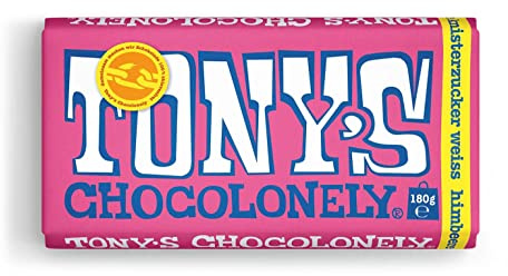 Tony's Chocolonely - Chocolate blanco con frambuesa y azúcar crepitante - Cuadro chocolate - 1 x 180 gramos - Embalaje a granel - Vegetariano - Belgium Fairtrade Chocolate