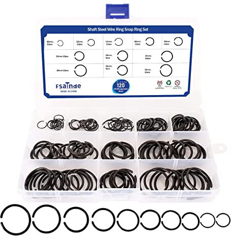 FSATNDE 120 Stück GB895.2 Φ10-Φ26 Halterungsclip, 65 mm Schaft, Stahldrahtring, Sprengring-Set, Lager-Anschlagring-Sortimentskit, runde Draht-Sprengringe für Wellen, Schwarz
